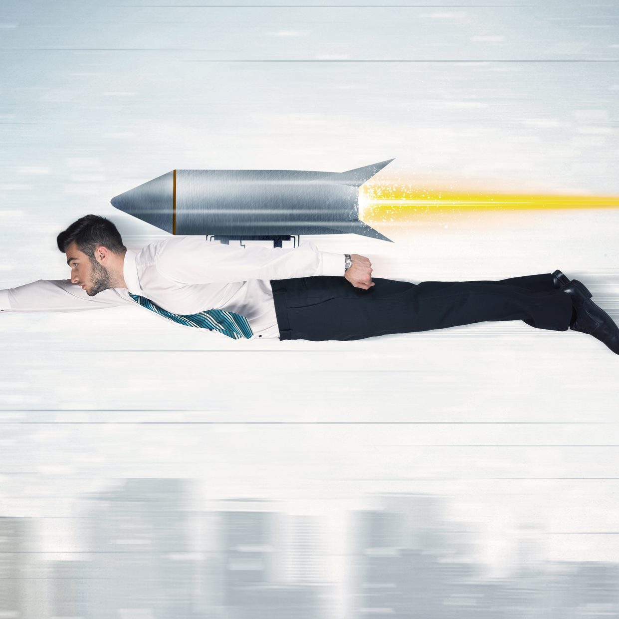 Superhero business man flying with jet pack rocket above the city concept